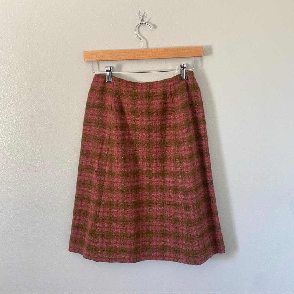 Vintage Pendleton 70s a-line pink green brown plaid knee-length skirt size XS/S